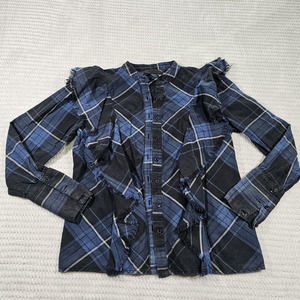 Maison Cinqeent Shirt Womens Small Plaid Button Down Raw Hem Ruffled Front